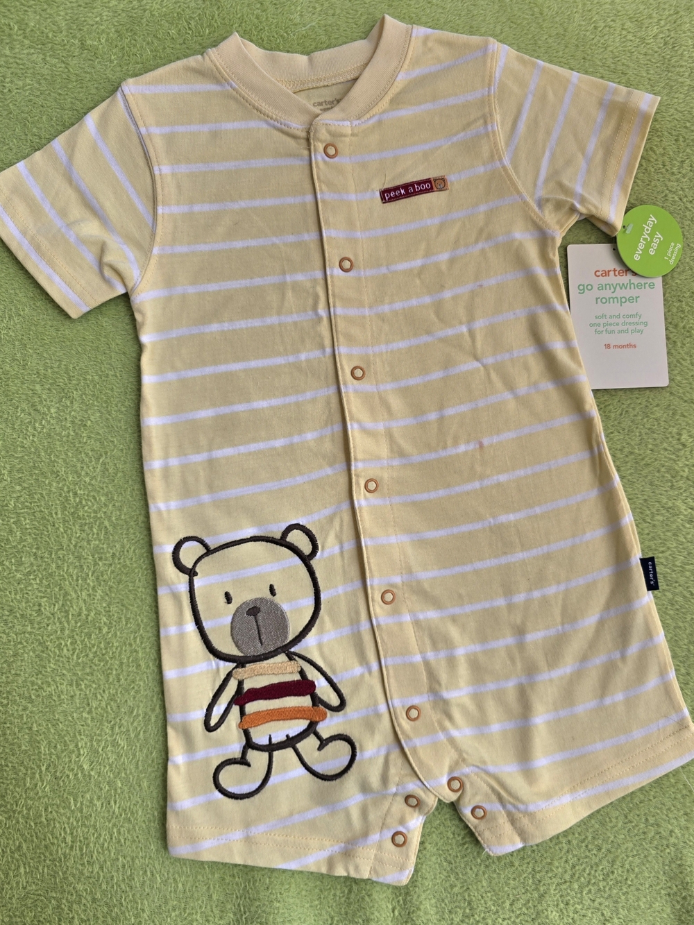 NWT  12-18M BABY BOYS short ROMPER - YELLOW STRIPED  PEEK-A-BOO BEAR COTTON (Q3)